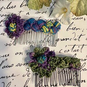 SET OF 2 HAIR COMBS HANDMADE PURPLE & GREEN FLORAL CROCHET TOPPING